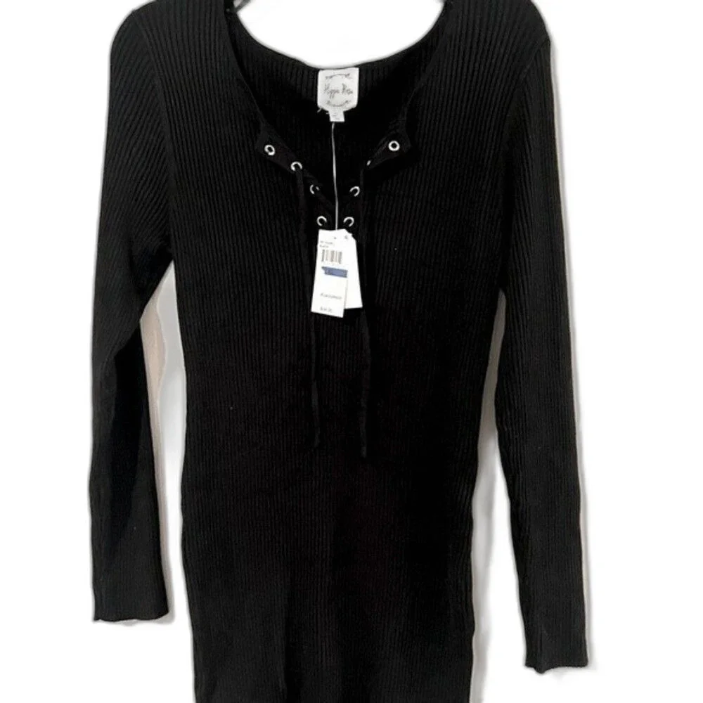 HIPPIE ROSE Juniors' Lace Up Sweater Dress black dress XL